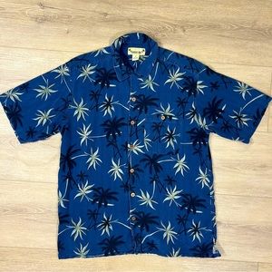 Paradise Coves Hawaiian Shirt 100% Silk Medium Blue Palm Tree Print Button Up